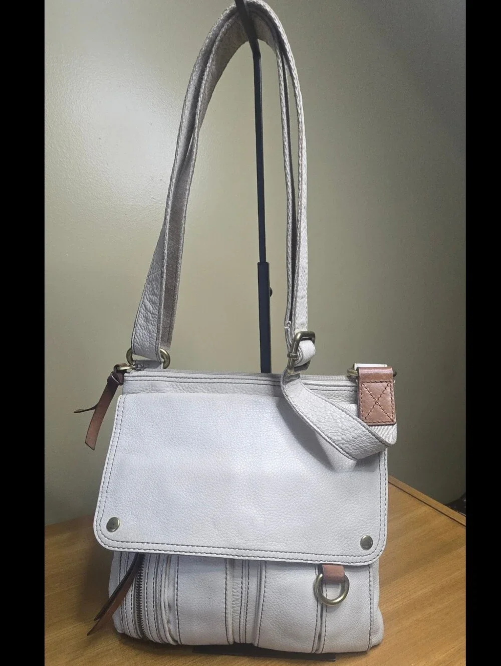 Fossil Morgan Traveler Cream Leather Crossbody Messenger Bag